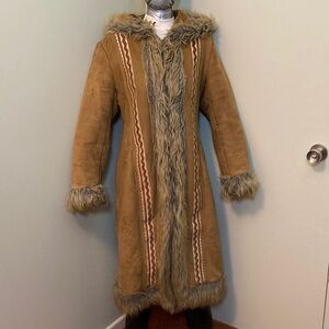 Tan Faux Suede Long Hooded Coat with Faux Fur Trim